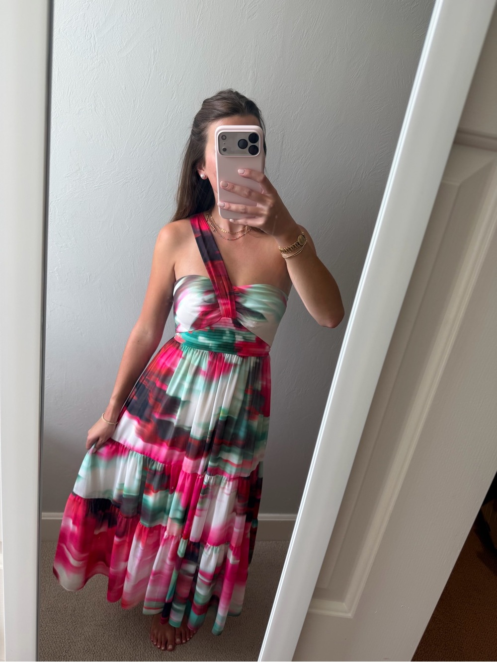 Badgley Mischka One-Shoulder Pink & Green Tie-Dye Midi Dress